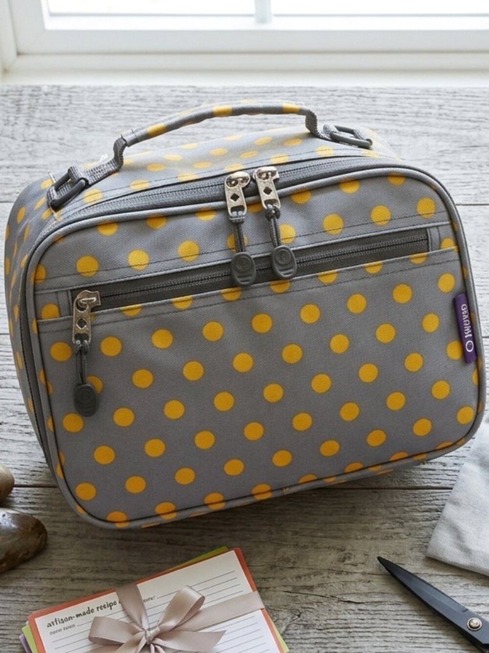 J World NWT Grey & Yellow Polka Dot Insulated Lunch Bag - Detachable Strap